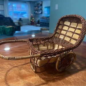 Vintage Wicker Baby Carriage Buggy Basket Doll size small plant holder